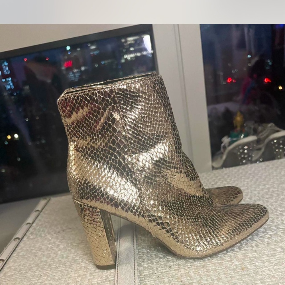 Brand Scoop gold snakeskin ankle booties with zippers on side